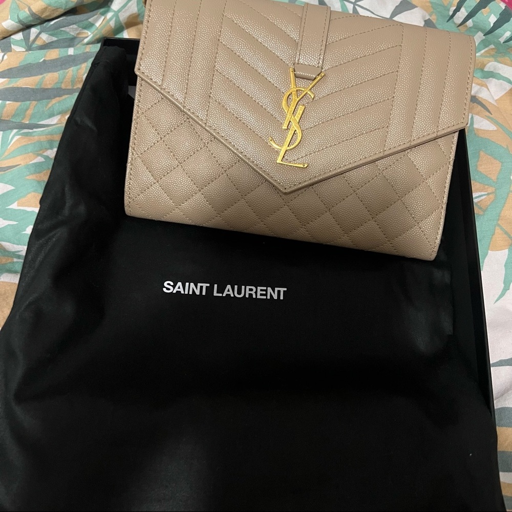 YSL Saint Laurent Dark Beige Monogram Clutch/Wristlet